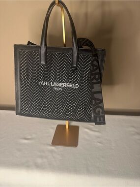 Karl Lagerfeld Black Woven Logo Tote with Signature Strap